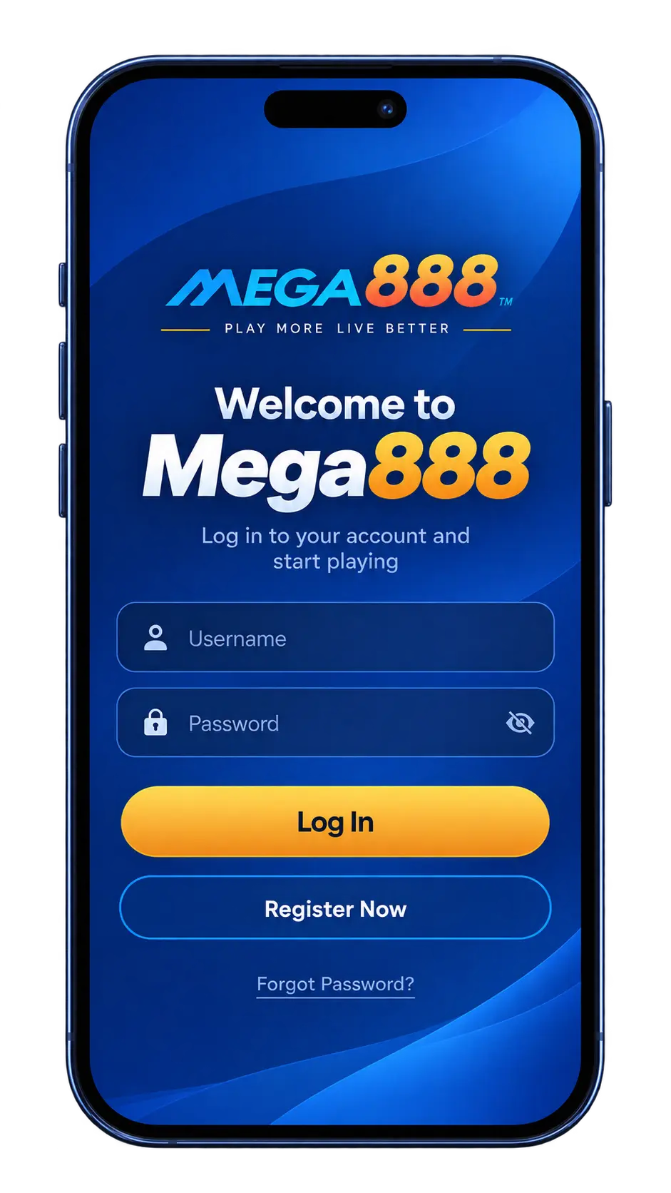 Skrin log masuk Mega888 pada telefon pintar untuk pemain Malaysia.
